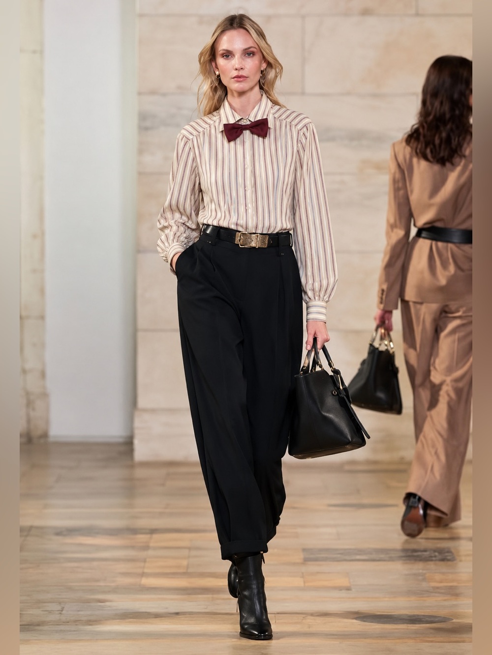 Vintage Striped Button Down Shirt Blouse Burgundy Bow Tie 42 12 L